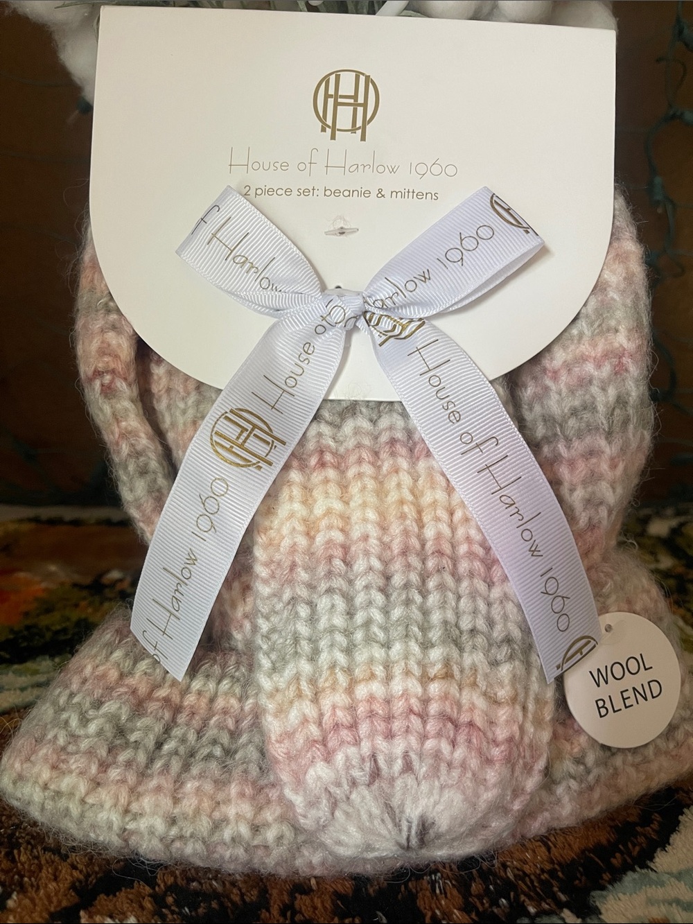 House of Harlow 1960 Pastel Pink Cream Gray  Beanie & Mittens Set